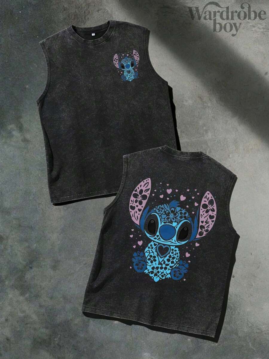 Disney Men's Washed Cotton Sleeveless Printed Vest, Cartoon Stitch Pattern Printed Vest, Suitable For Both Men And Women, High-Quality Pure Cotton Vest, Suitable For All Seasons, Comfortable And Breathable | Exquisite Design | The Best Choice For Gift Giving - 黑色 - 查看 1
