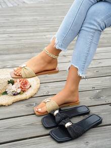 新款女士时尚夏季度假风平底方头拖鞋，棕色/黑色，适合日常通勤、海滩、泳池及其他夏季场合。 - 棕色 - 查看 7