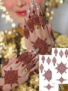 2pcs Henna Tattoo Stickers, Red-Brown Floral Pattern, Temporary Tattoo For Eid, Waterproof Nail Art Stickers For Holiday, Wedding, Party, Date, Valentine's Day - Red - View 6