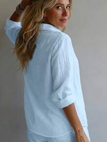 Women's Casual Linen Long Sleeve Button Front Shirt With Collar, A Basic Elegant Blouse - Blue - View 3