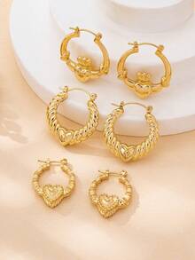 3 Pairs Fashionable Minimalist Metallic Carrot, Heart, Hoop Earrings, Suitable For Teenage Girls Daily And Holiday Wear - Gold - View 5