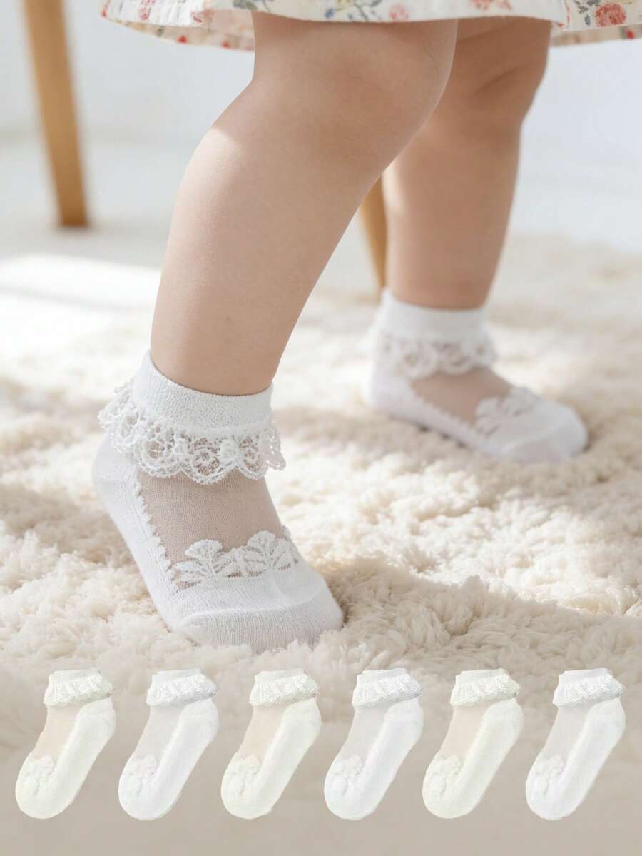 6 Pairs Girls & Toddlers Thin Breathable Glass Silk Short Socks, Baby Socks - White - View 1