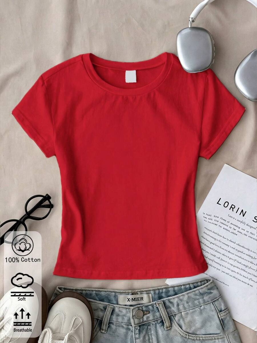 Women's Minimalist Solid Color Round Neck Short Sleeve T-Shirt, Casual Daily Wear For Spring/Summer - Red - View 1