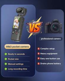 W & O Vlogging Camera With Flash Light 180° Rotating Lens Pocket Handheld POV Camera 7H Battery One-Button Recording For Travel Daily Life Black - 查看 3