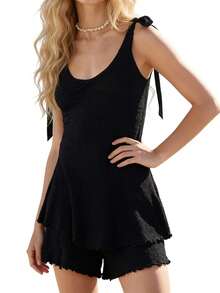 Conjuntos de verano para mujer: tops sin espalda con tirantes anudados y shorts elásticos con ribete de lechuga, ideales para salir de fiesta. - Negro - Ver 4