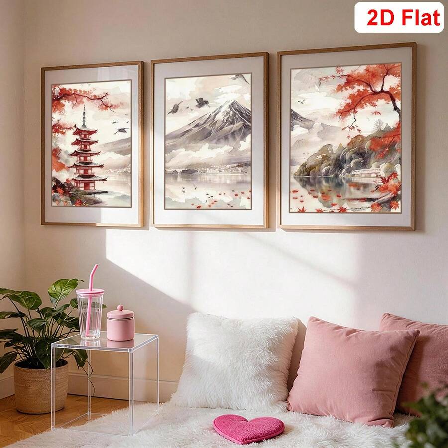 3幅日式风景帆布墙画装饰画 - 复古风景油画和红庙无框高清海报，适用于卧室、客厅、家庭办公室装饰