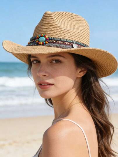 1 chiếc mũ rơm vành rộng dành cho nữ, phù hợp cho cả nam và nữ, chống nắng, kiểu mũ cao bồi miền Tây, thích hợp sử dụng trên bãi biển mùa hè, dễ gấp gọn.