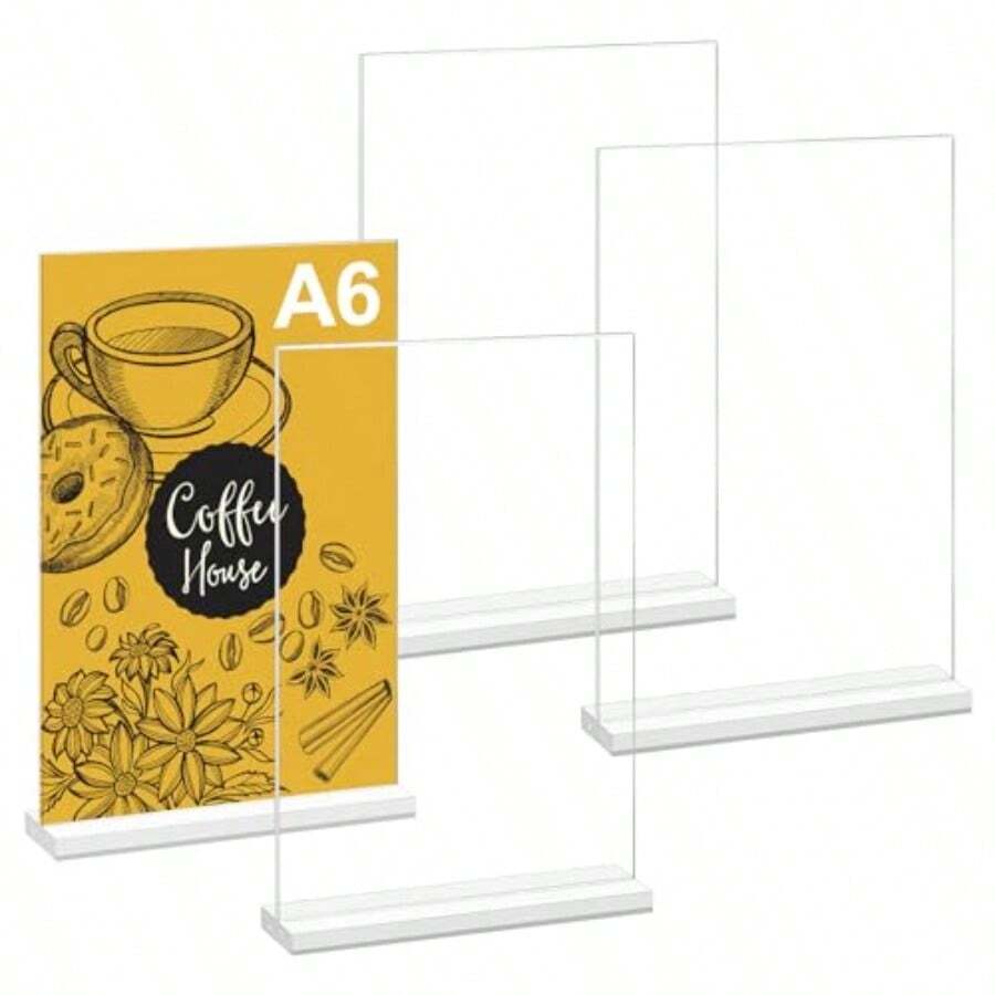 4 soportes A6 expositores de mesa de acrílico con base extraíble soporte para tarjetas de mesa soporte en T expositor publicitario acrílico A6 para presentación en ambos lados soporte para - Transparente - Ver 1