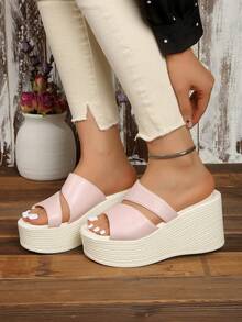 Sandales compensées mode printemps/été décontractées, chaussures girly pour vacances, mules à talons hauts décontractées - Rose pâle - Voir 3