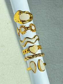 43/37/31/25/19/12/6pcs Set Random Vintage Bohemian Style Fashion Minimalist Elegant Geometric Design Stackable Rings Set, Includes Flower, Bow, Heart, Star, Moon, Sun, Water Drop, Geometric Textured Rings, Suitable For Festivals, Parties, Dates, Gifts, Daily Wear - Multicolor - View 3