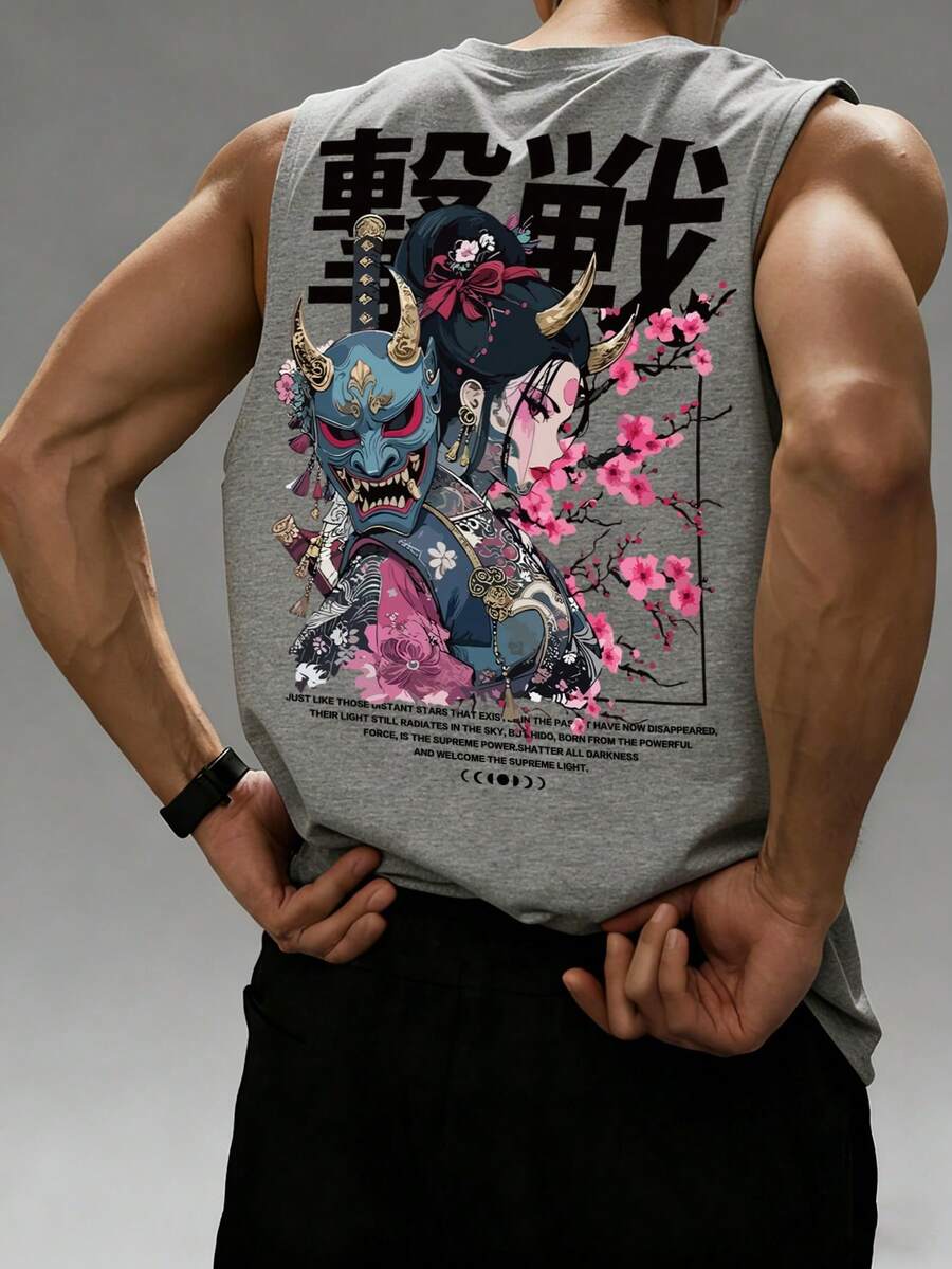 男士夏季时尚百搭街头休闲动漫人物标语印花圆领背心 - 灰色 - 查看 1