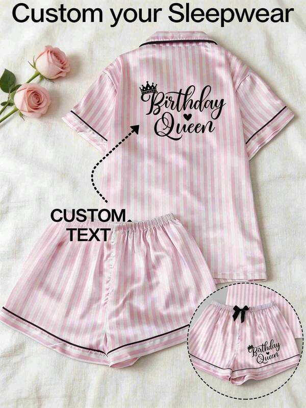 Custom Personalized Bridal Crop Sleep Tops Set, Customizable Name And Date, Satin Fabric, Pink Pajamas Gold Glitter Printing, Casual Customized, Personalized, Unique, Customized Personalized Gift, Ideal Gift For Girlfriend, Suitable For Living Room, Bedroom, Anniversary, Birthday, Festival