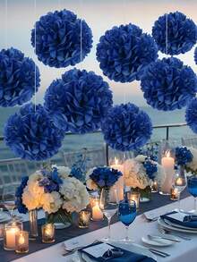 9pcs Navy Blue Paper Flower Balls, Navy Blue Fluffy Paper Flowers, Graduation Party Hanging Decor, Suitable For Scene Layout, Home Decor, Room Decor, Birthday Party, Wedding Gift, Corporate Graduation Gift, Christmas Decoration - Navy Blue Paper Flower Ball Set - View 1