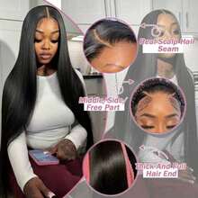 34inch 200% Density 5*5 Put On And Go Pre Cutting Straight Lace Frontal Wig Natural Black Color 13*4 HD Lace Front Wig With Baby Hair Natural Hairline Ear To Ear Pre Plucked Brazilian Virgin Middle Part Wig Human Frontal Hair Weaves Wig Blended Hair - Natural & Black - View 4