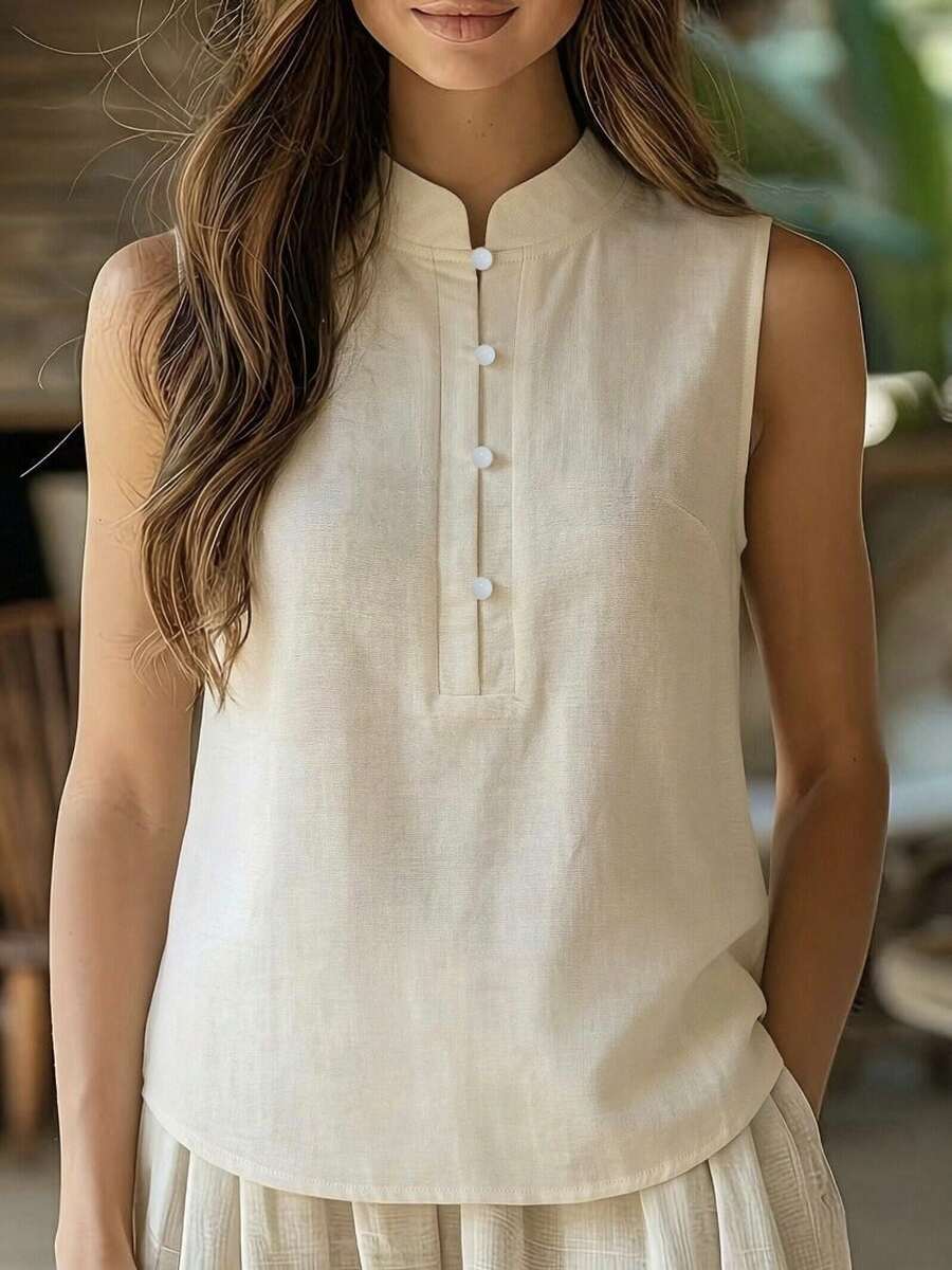 Women's New Solid Color Half-Open Mushroom Button Chinese Style Elegant Casual Versatile Slouchy Vest, All-Match Sleeveless Top For Home & Office, Summer - Apricot - View 1