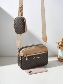 2pcs/Set Fashionable New Printed Multilayer Crossbody Bag & Shoulder Bag With Charm, Women Handbag Set - Khaki - View 4