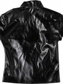 Y2K Punk Style Essential Chic Faux Leather Short Sleeve And Stand Collar Slim Fit Solid Color Shirt - Black - View 7