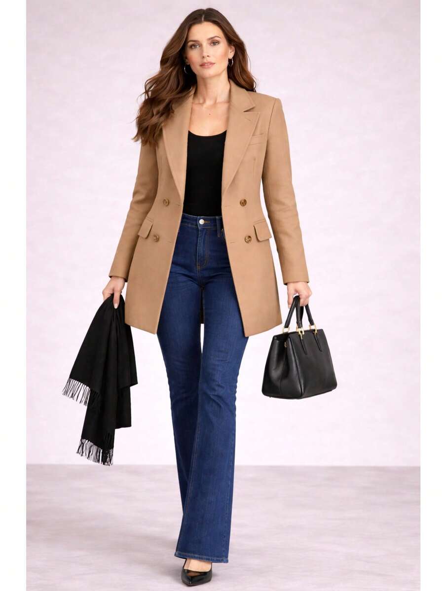 Women's Overcoat, Winter, Autumn, Elegant, Double Button, Office - 摩卡棕 - 查看 1