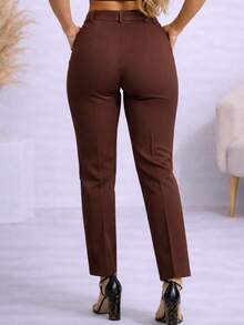 Women's Tailored Dress Pants With Elegant Belt And Buckle, Skinny Style, High Waist. - 鏽棕色 - 查看 2