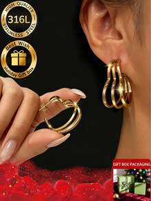 A Pair Of Classic Multi-Layer Heart-Shaped Earrings + Resin Heart Studs, Suitable For New Piercings And Christmas/Valentine's Day Gifts With A Box - Gold - View 8