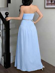 女士蓝色条纹抹胸扭结短上衣和高腰长裙两件套，甜美休闲，浪漫度假，日常出行，派对，约会，海边漫步，露脐上衣搭配长裙，春夏穿搭 - 藍色 - 查看 2