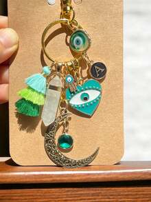 1 pieza Llavero con colgante en forma de ojo del diablo y luna de cristal verde natural y de strass verde, accesorio para mochila, llavero de coche, pequeño regalo de uso diario - Verde - Ver 4