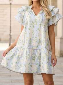 Women Boho Floral Mini Dress Summer Loose Fit Drawstring Short Ruffled Sleeve V Neck Dress Casual A-Line Flowy Mini Dress Sundress Streetwear Beach Outfits - 天藍 - 查看 4