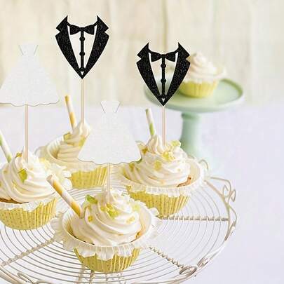 12pcs Wedding Cake Decorations, Groom Suit & Bride Dress Cupcake Toppers, Bridal Shower, Wedding Dessert Table Decor, Anniversary Party