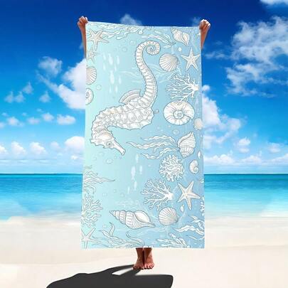 1pc White Line Drawing Style Ocean Element Beach Towel, Super Soft Microfiber Extra Large Beach Blanket, Super Absorbent Bath Towel, Suitable For Travel, Swimming Pool, Diving, Surfing, Yoga, Camping, Available In Multiple Sizes, Beach Accessories For Beach, Pool, Travel, Camping, Yoga