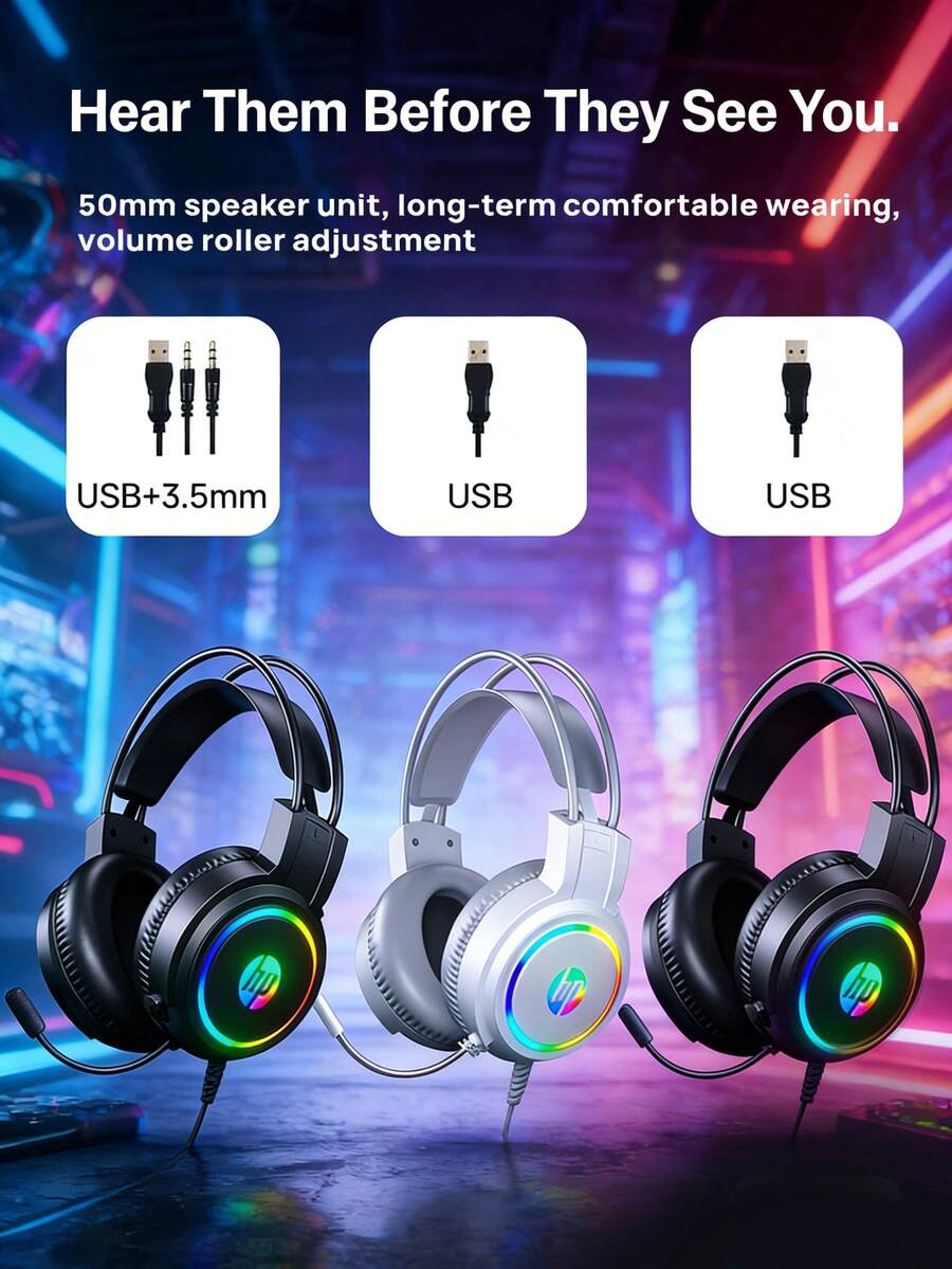 HP 頭戴式耳機，遊戲耳機，拾音清晰，酷炫燈光，全包耳罩，，50mm單元大喇叭，全指向麥克風音量調節，自適應頭梁，舒適佩戴 - 查看 1