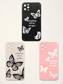 Funda de teléfono suave con protección de lente, 3 piezas con estampado de mariposa y letra, mariposa + estampado de eslogan "Todo estará bien", compatible con iPhone y Galaxy - Multicolor - Ver 49