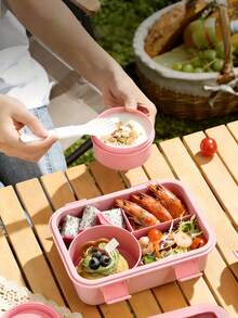 1 pieza Caja de almuerzo Bento, Recipiente de almuerzo dividido en 4 compartimentos con utensilios y tazón para sopa, diseño a prueba de fugas, apto para microondas/lavavajillas/refrigerador - Multicolor - Ver 5