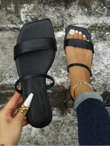 Women's Flat Sandals, New Summer Fashion Square Toe Open Toe, Black/White/Gold/Silver/Red/Blue, Comfortable Flat Double Strap Beach/Casual/Outdoor Slippers - màu đen - Xem 1