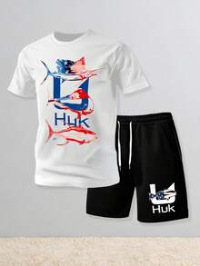 HUK Patriotic Game Fish Print Men's Short Sleeve T-Shirt & Shorts Set American Fishing Two-Piece Outfit - 白色 - 查看 1