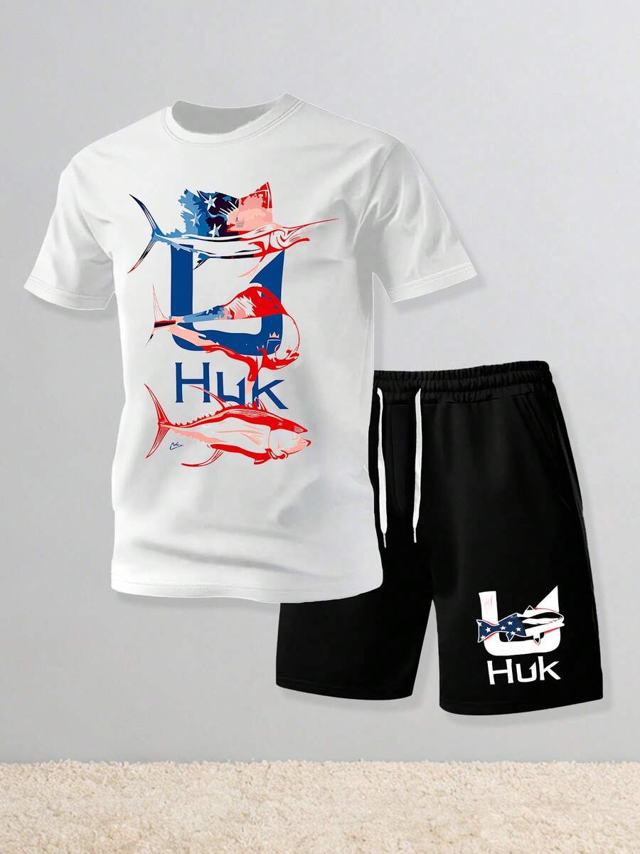 HUK Patriotic Game Fish Print Men's Short Sleeve T-Shirt & Shorts Set American Fishing Two-Piece Outfit - 白色 - 查看 1