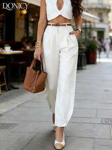 DONICY 女士纯色米白色阔腿裤，优雅褶裥面料，适合办公室和休闲场合穿着，春夏款 - 白色 - 查看 4