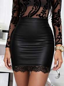 Women's Fashionable And Elegant Commuting Lightweight PU Faux Leather Lace Patchwork Design Mini Skirt - Black - View 4