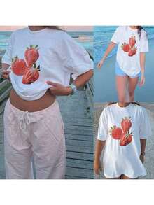Summer TopsWomen Y2k Oversized Graphic Tees Floral Print Short Sleeve Crewneck T Shirts Loose Fit Summer   Tops For Teen Girls Aesthetic Clothes 2000s Beach Shirts For Women StreetwearLoose And Comfortablesummer Clothes Summer Outfits For Women - 紅色 - 查看 5