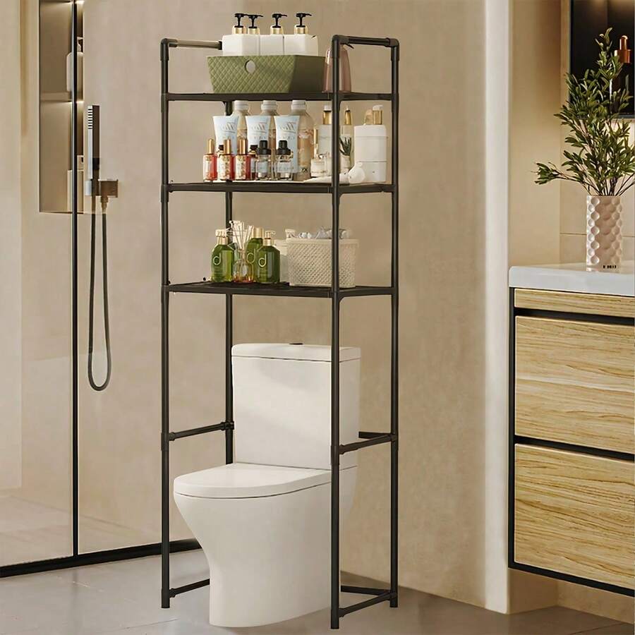 1-Piece 3-Tier Toilet Storage Cabinet - Space-Saving, No Drilling Required, Easy To Assemble, Suitable For Bathroom Items, With A Rust-Resistant Metal Frame And Plastic Shelves, Perfect For Storing Toiletries, Towels, And Decorations, Modern Bathroom Organizer|   Durable Structure, Shower Basket - 黑色 - 查看 1
