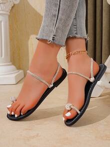 Damen Sommer Flache Sandalen, Strass Riemen Design, einfarbig Slip-On bequem lässig Strand Mode neuer minimalistischer Stil, Damen Flache Sandalen, Strass Perle Riemen Zehenschlaufe, perfekt für Strandurlaub, Damen Sandalen - Damen Mode neue flache Sandalen, ein Paar elegante flache Schuhe Mode Vintage Urlaubsstil Strandschuhe Strand elegant Fee Preppy College Mode Avantgarde Urlaub Strand Bohemian lässig PU-Leder - Schwarz - Übersicht 6