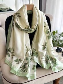 1pc Elegant Floral Print Silk-Like Scarf, Versatile Shawl For Beach, Sun Protection, Fashion Accessory Suitable For Daily Wear,Holiday - Green and White - View 6