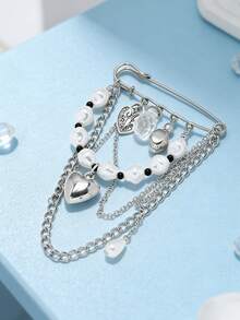 1pc Fashionable And Simple Faux Pearl Heart Tassel Brooch For Women, Clothing Accessory, Bag Pin. Suitable For Fixing And Decorating Clothes, Hats, Waistbands, Trouser Cuffs, Etc. A Perfect Gift For Your Girlfriend Or Wife. - Silver - View 3