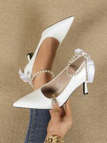 Giày cao gót mũi nhọn kiểu Pháp thanh lịch với nơ ngọc trai trắng, kiểu dáng duyên dáng nữ tính, thích hợp cho tiệc cưới. - trắng - Xem 17