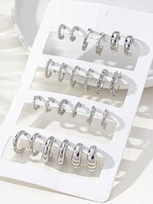 24pcs/Set Minimalist Fashion Versatile Stud Earrings Set, Including Plain, Twisted, Rhinestone Designs, Suitable For Women's Daily Wear, Dates, Vacations, And Holiday Gifts - Silver - View 1