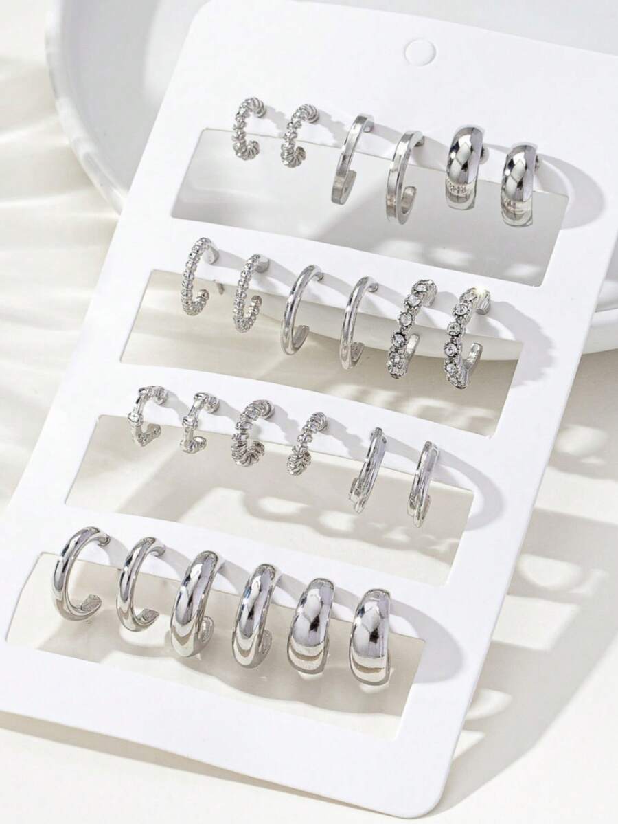 24pcs/Set Minimalist Fashion Versatile Stud Earrings Set, Including Plain, Twisted, Rhinestone Designs, Suitable For Women's Daily Wear, Dates, Vacations, And Holiday Gifts - Silver - View 1