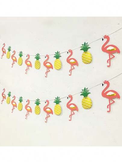 11pcs Hawaiian Gold Foil Pineapple Flamingo Garland Banner, Birthday Party Tropical Rainforest Backdrop Decoration Banner, Hawaiian Party Decorative Banner
