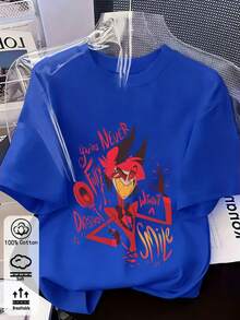 Alastor Fashionable Street Style Graphic Print T-Shirt, Casual Versatile Short Sleeve, Unisex Design, Suitable For Spring/Summer Daily Wear - Blue - View 2