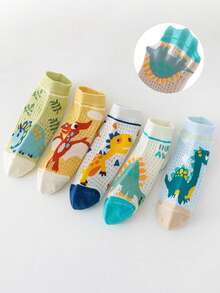 5 Pairs Kids Thin Ankle Socks, Cartoon Dinosaur Pattern, Breathable Baby Mesh Socks For Summer, Boys - Multicolor - View 2
