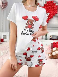 2pcs/Set White Printed Short Sleeve Top And Shorts Pajamas For Women - White - View 3
