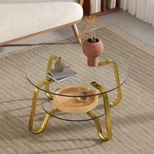 Retro Minimalist Style Metal Frame Double Layer Tempered Glass Coffee Table, Add A Touch Of Elegance To Your Living Room - Gold - View 3